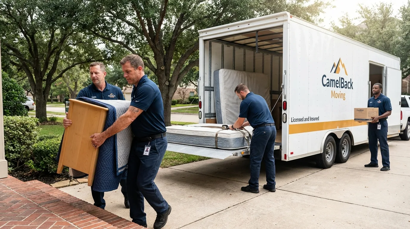 Crew loading residential truck for cross-state move from Milan, IL