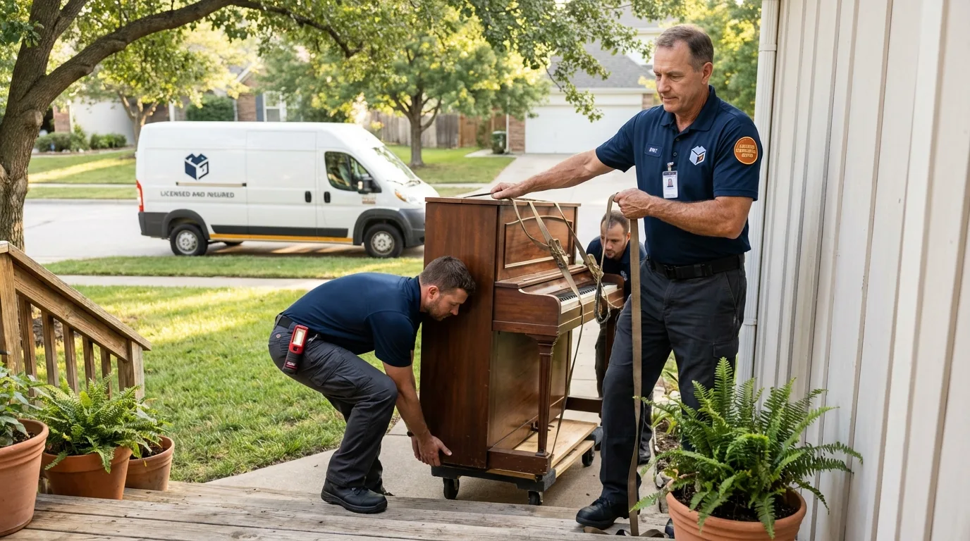 Licensed piano movers securing grand piano in Milan, IL