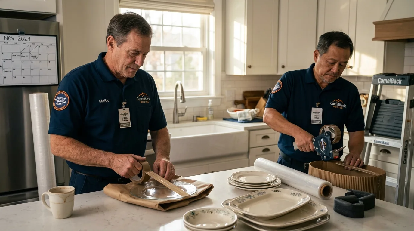Professional crew packing kitchen dishware in Milan, IL